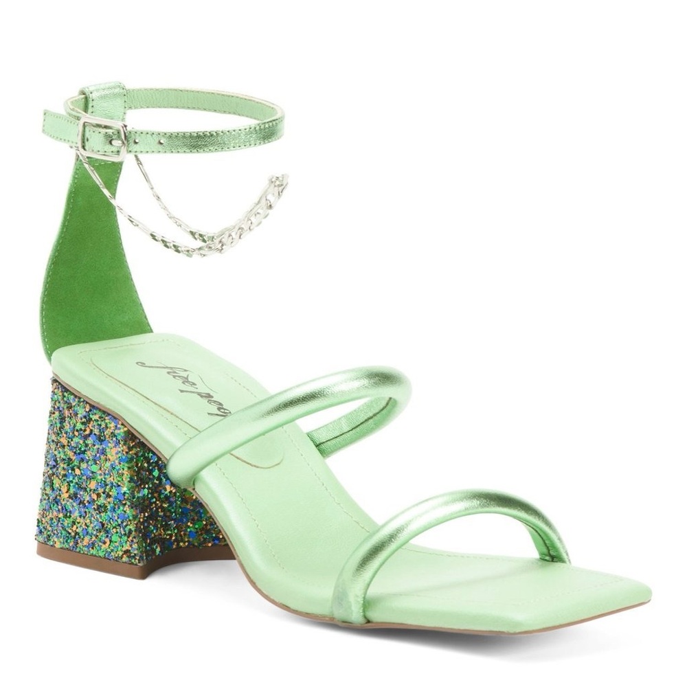Free People Metallic Mint Green Strappy Block Heel Sandals with Glitter Heel